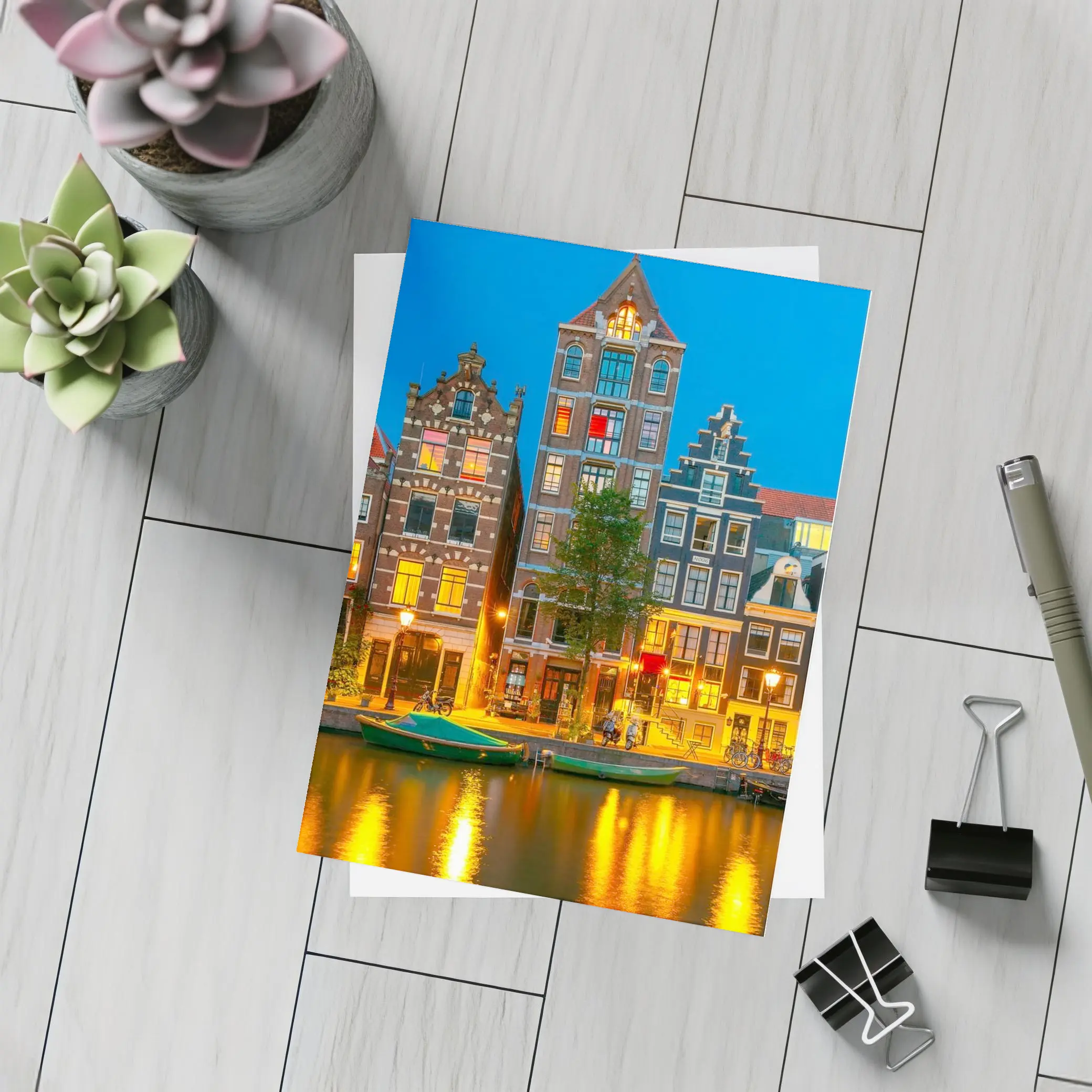 Amsterdam Canal Houses Blue Hour Night – Postcards