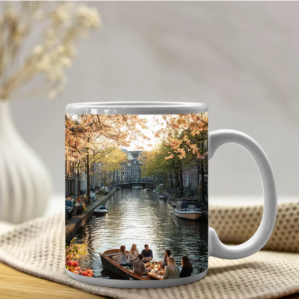 Amsterdam Canal Boat Cherry Blossom Spring – Mugs