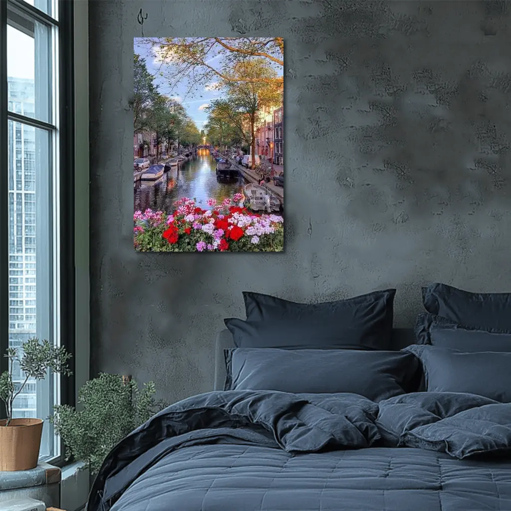 Amsterdam Canal Flowers Trees Sunset View – Wall Art