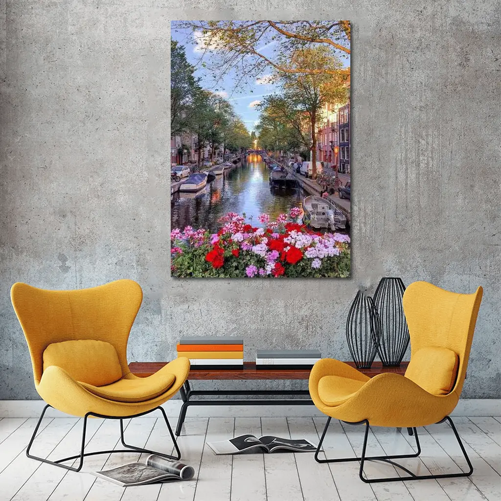 Amsterdam Canal Flowers Trees Sunset View – Wall Art