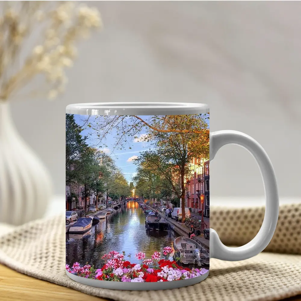 Amsterdam Canal Flowers Trees Sunset View – Mugs