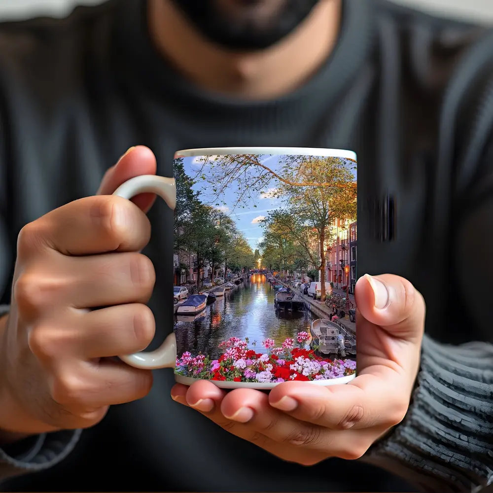 Amsterdam Canal Flowers Trees Sunset View – Mugs
