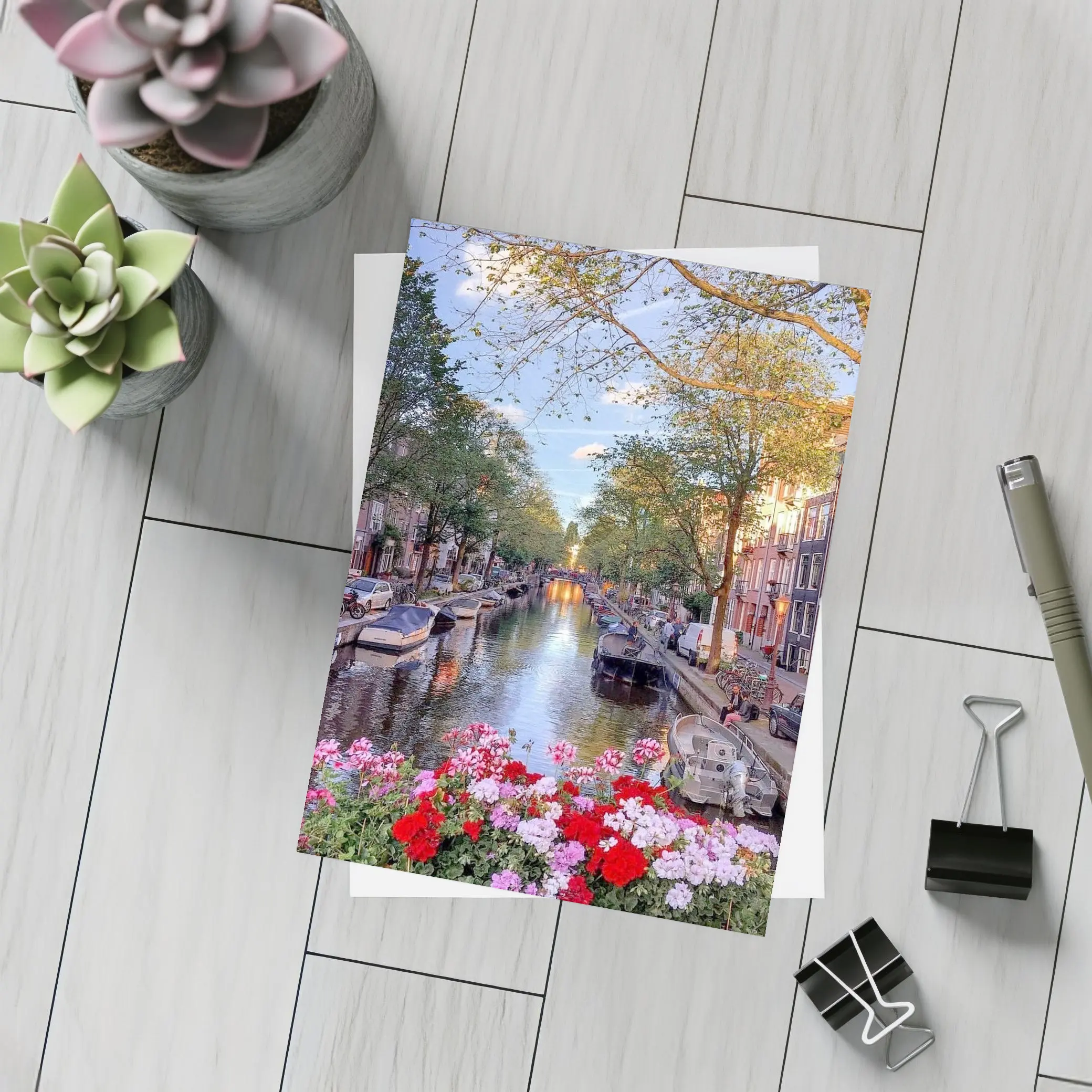 Amsterdam Canal Flowers Trees Sunset View – Postcards