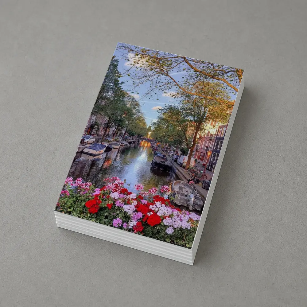 Amsterdam Canal Flowers Trees Sunset View – Postcards