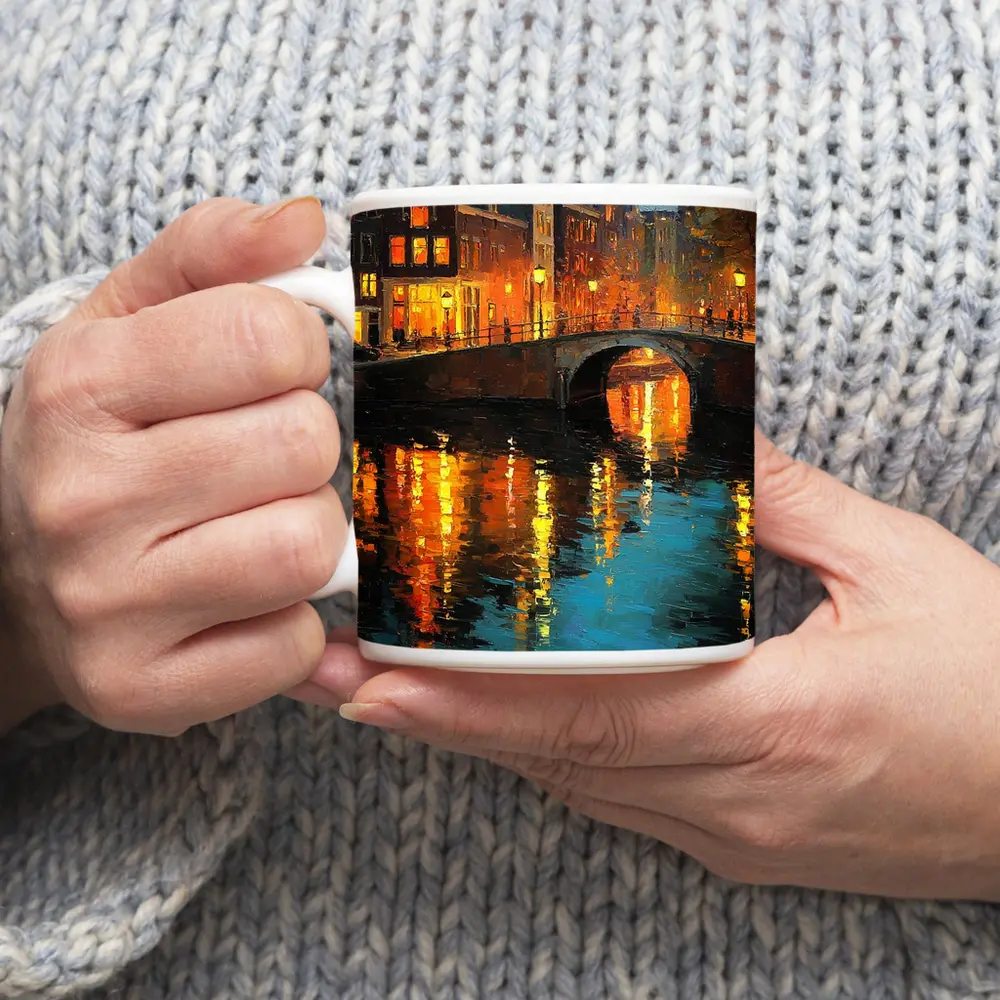 Amsterdam Canal Night Oil Painting Art – Mugs