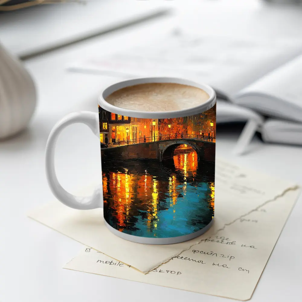 Amsterdam Canal Night Oil Painting Art – Mugs