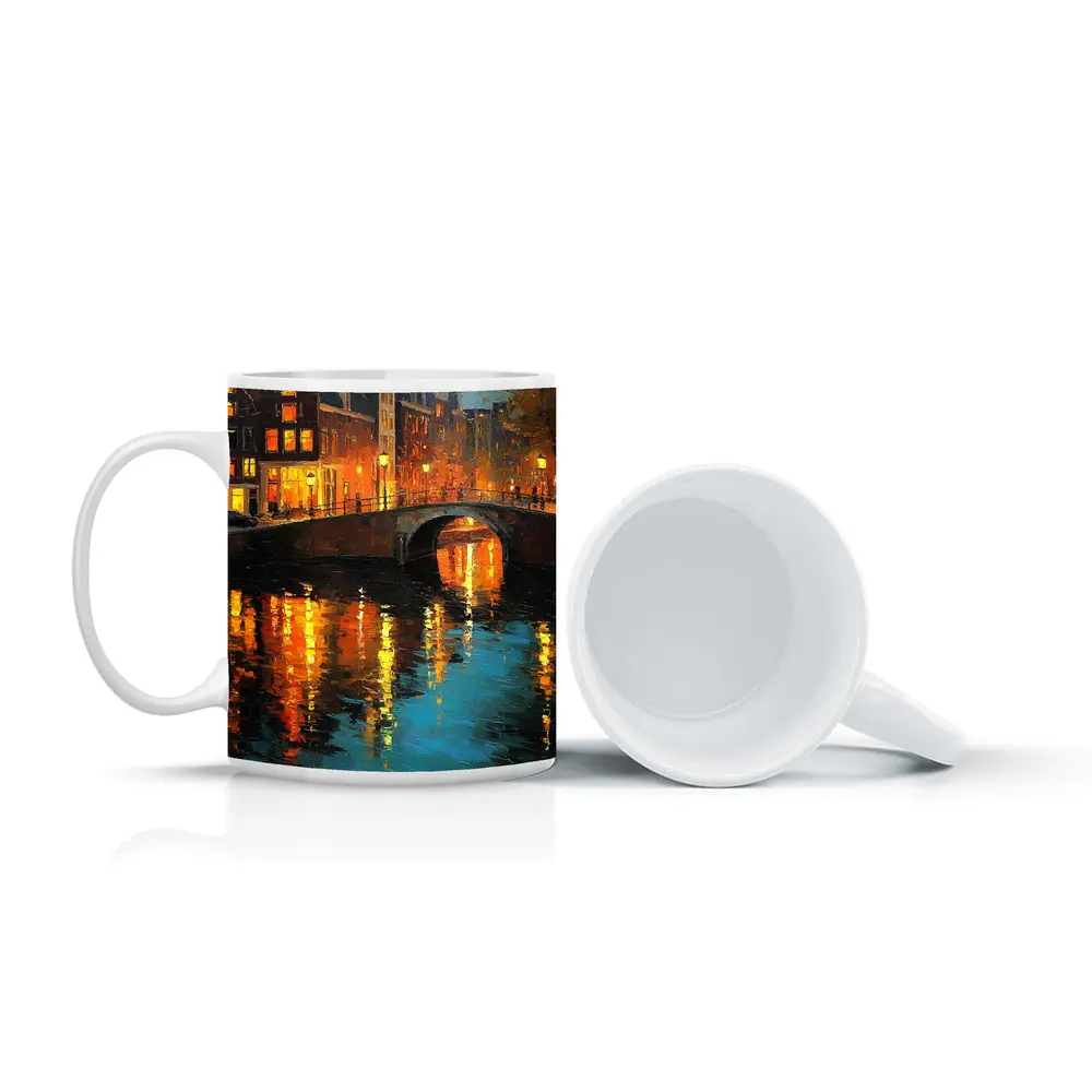 Amsterdam Canal Night Oil Painting Art – Mugs
