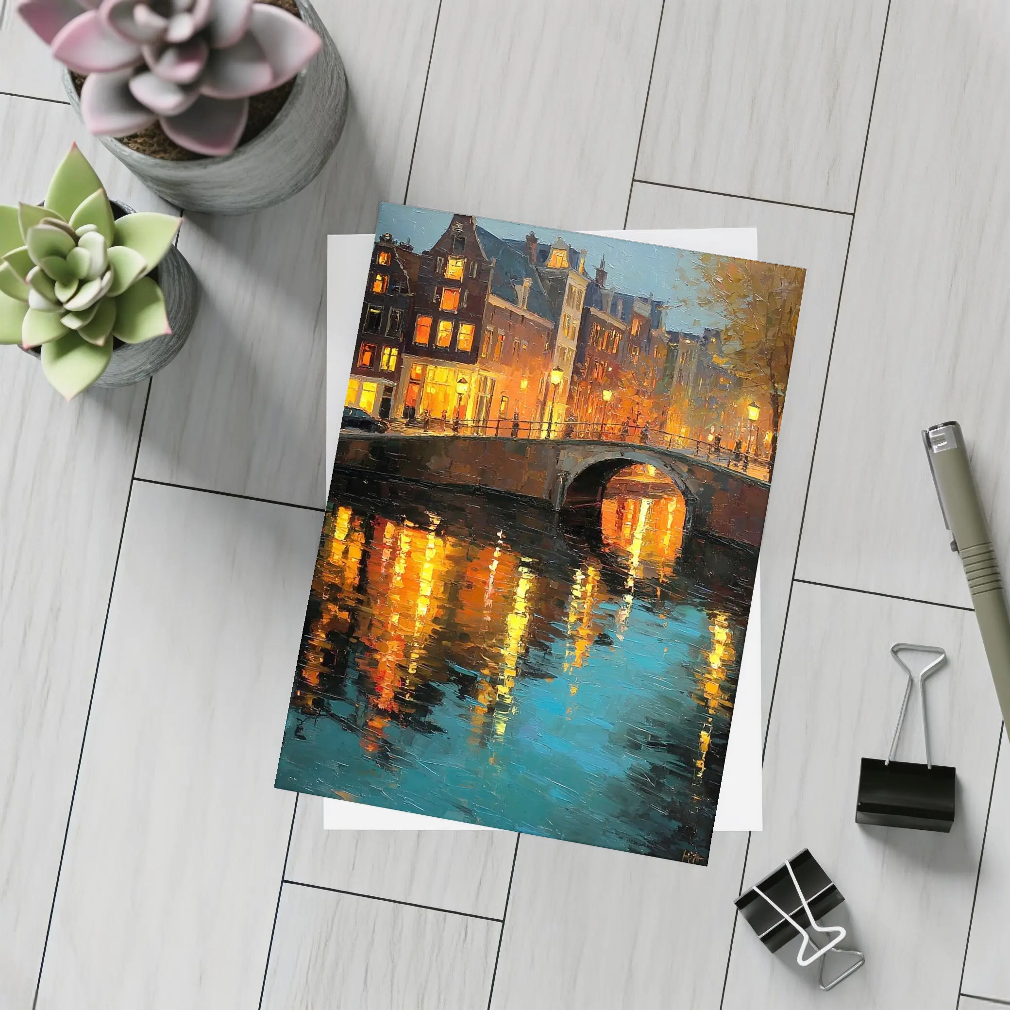 Amsterdam Canal Night Oil Painting Art – Postcards