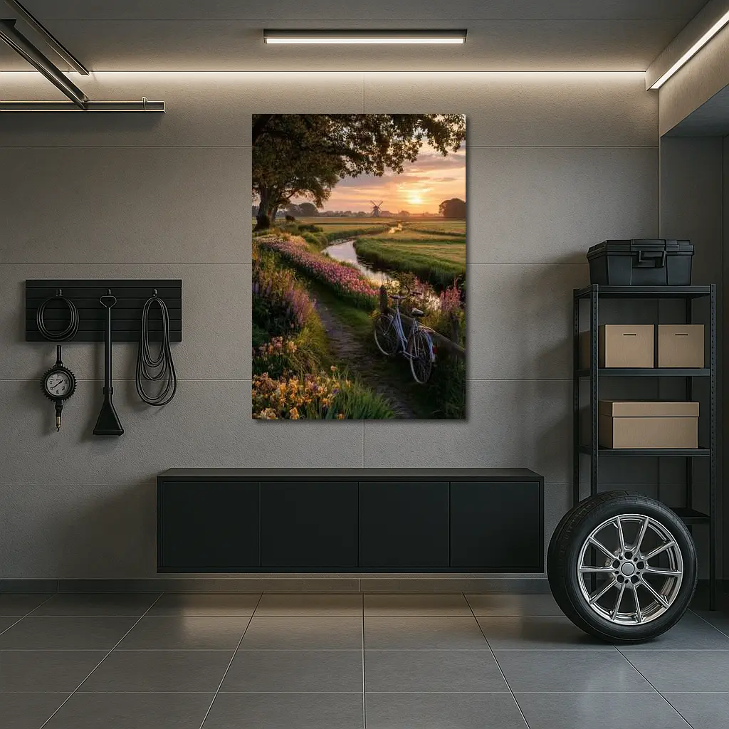 Dutch Windmill Sunset Bicycle Flower Fields – Wall Art