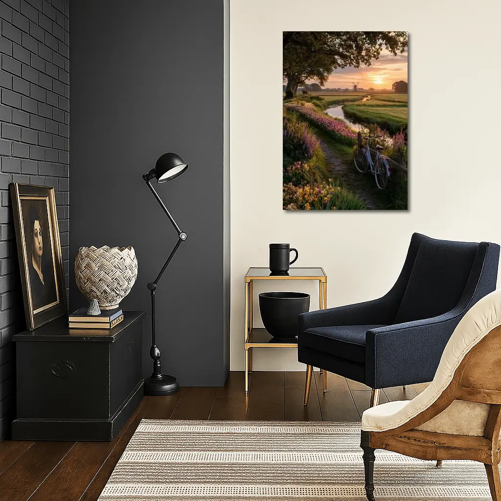 Dutch Windmill Sunset Bicycle Flower Fields – Wall Art