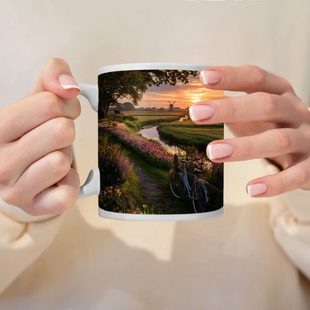 Dutch Windmill Sunset Bicycle Flower Fields – Mugs