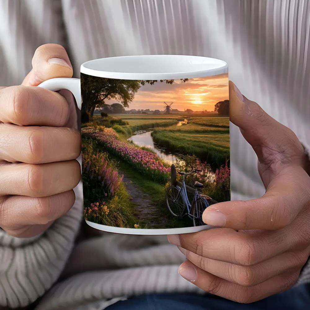 Dutch Windmill Sunset Bicycle Flower Fields – Mugs