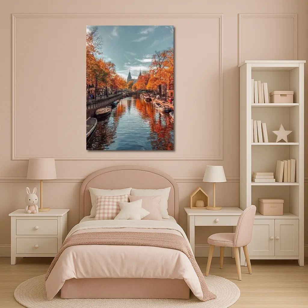 Amsterdam Canal Autumn Orange Trees Reflection – Wall Art