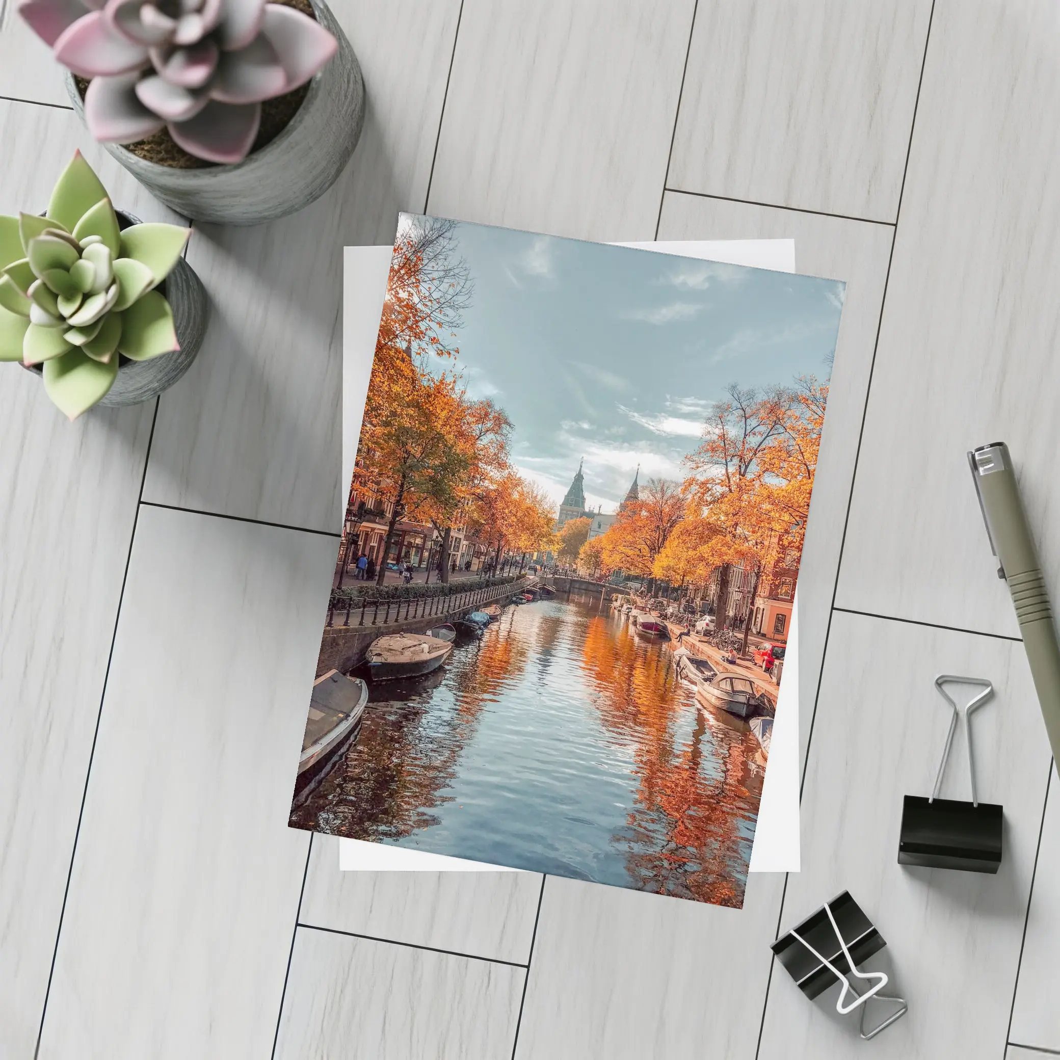 Amsterdam Canal Autumn Orange Trees Reflection – Postcards