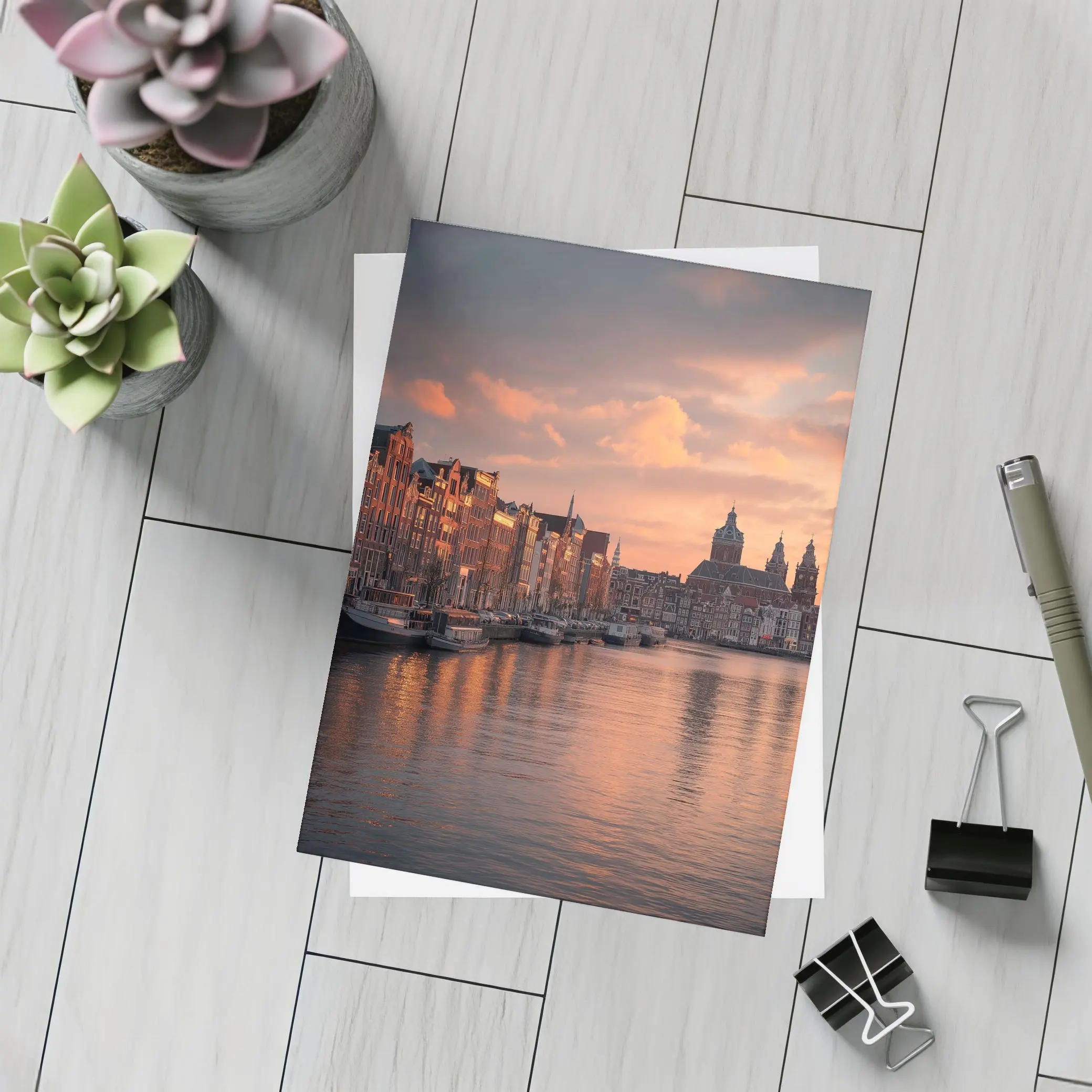 Amsterdam Canal Sunset Dutch Architecture Sky – Postcards