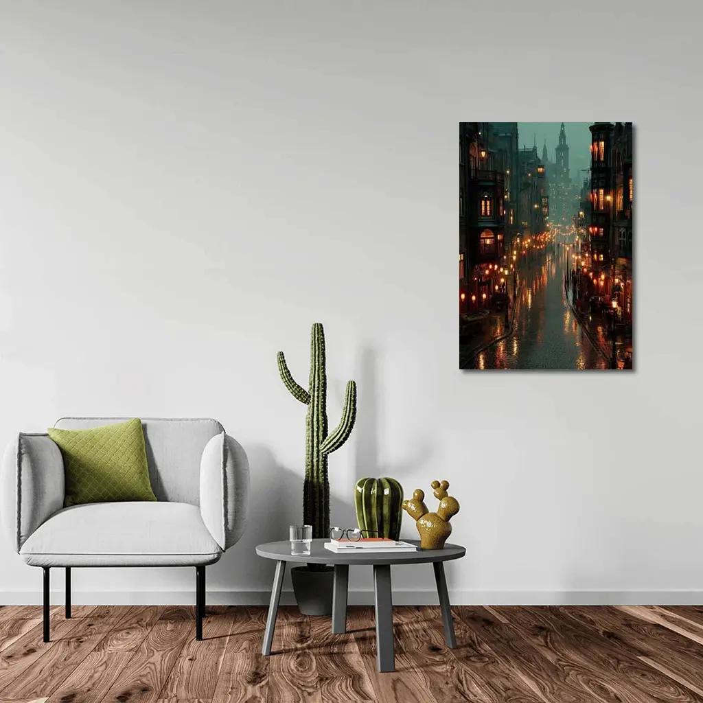 Rainy City Street Glowing Lanterns Night – Wall Art