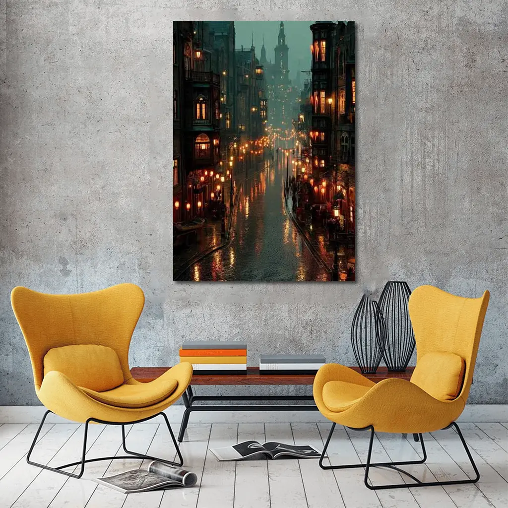 Rainy City Street Glowing Lanterns Night – Wall Art