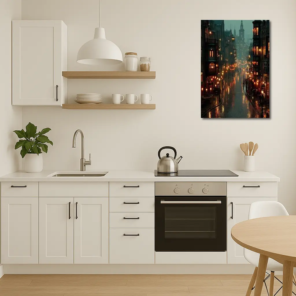 Rainy City Street Glowing Lanterns Night – Wall Art