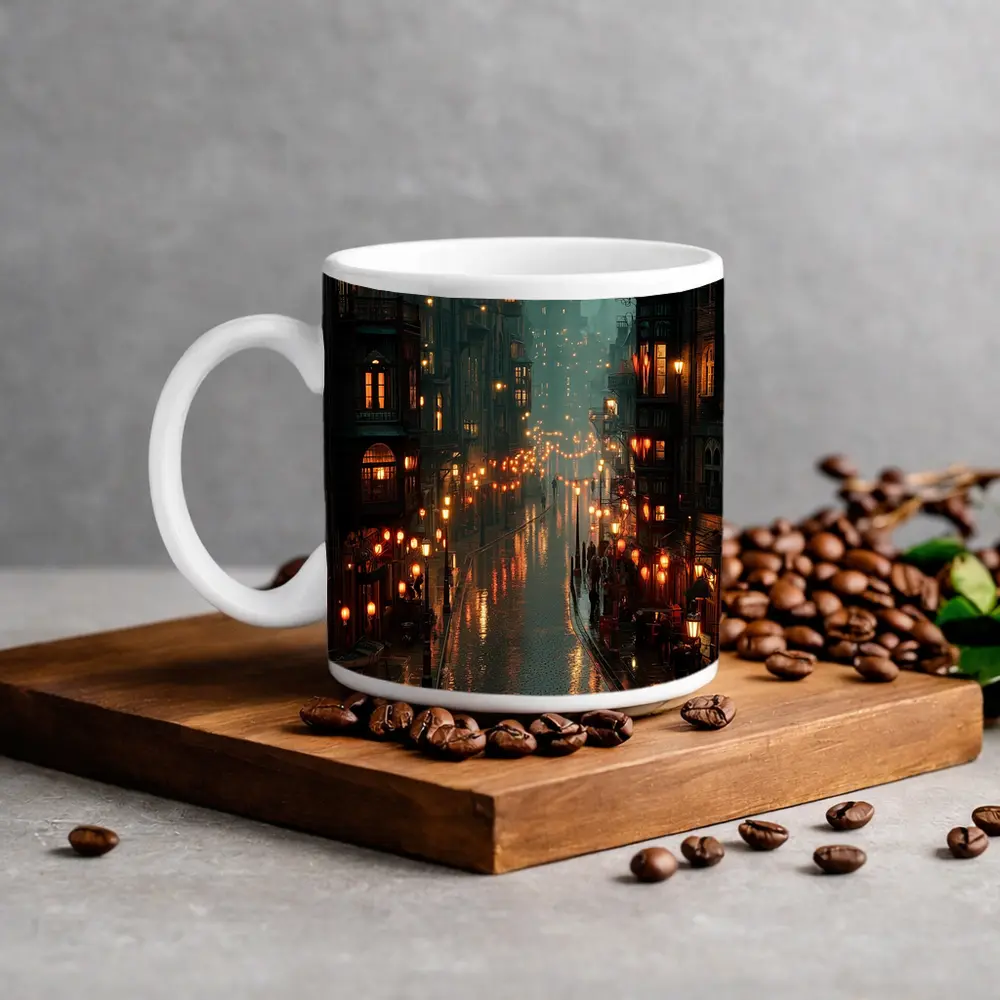 Rainy City Street Glowing Lanterns Night – Mugs
