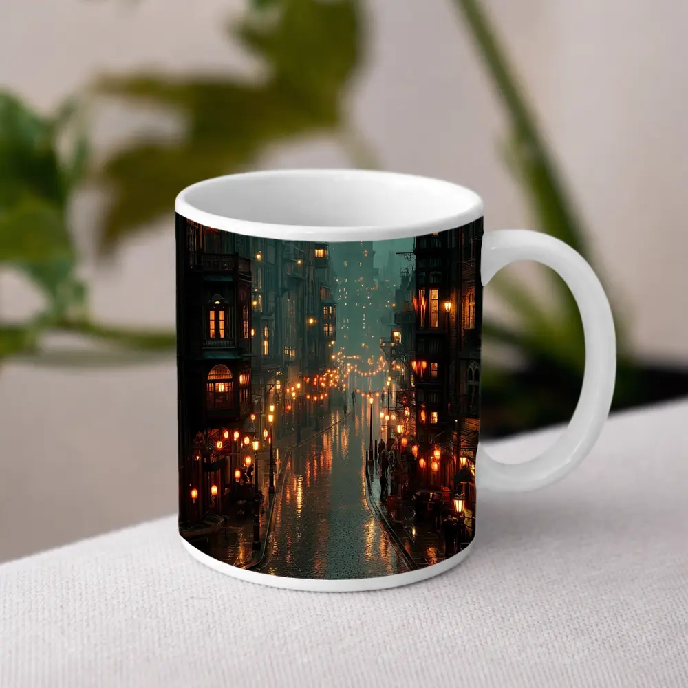 Rainy City Street Glowing Lanterns Night – Mugs