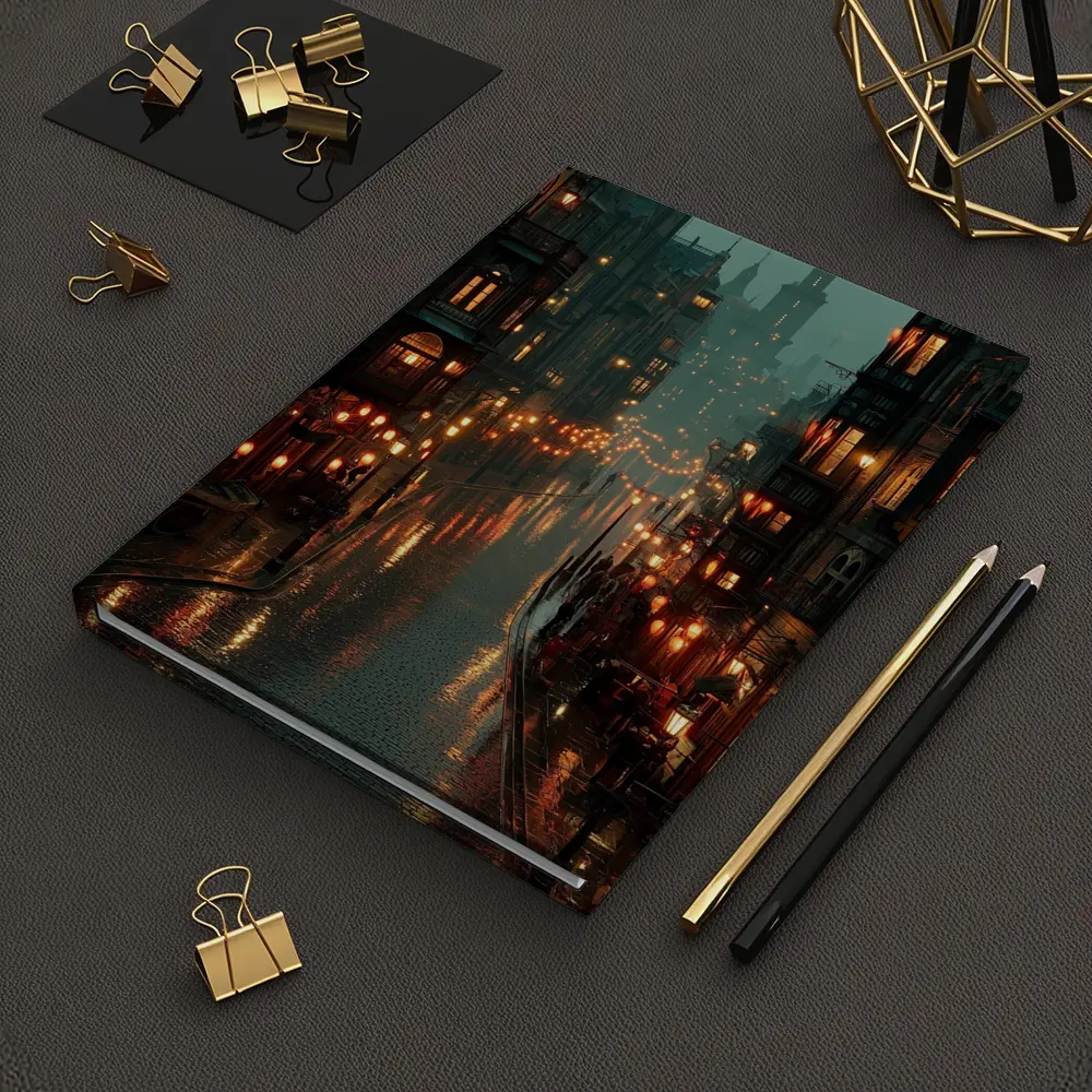 Rainy City Street Glowing Lanterns Night – Notebooks