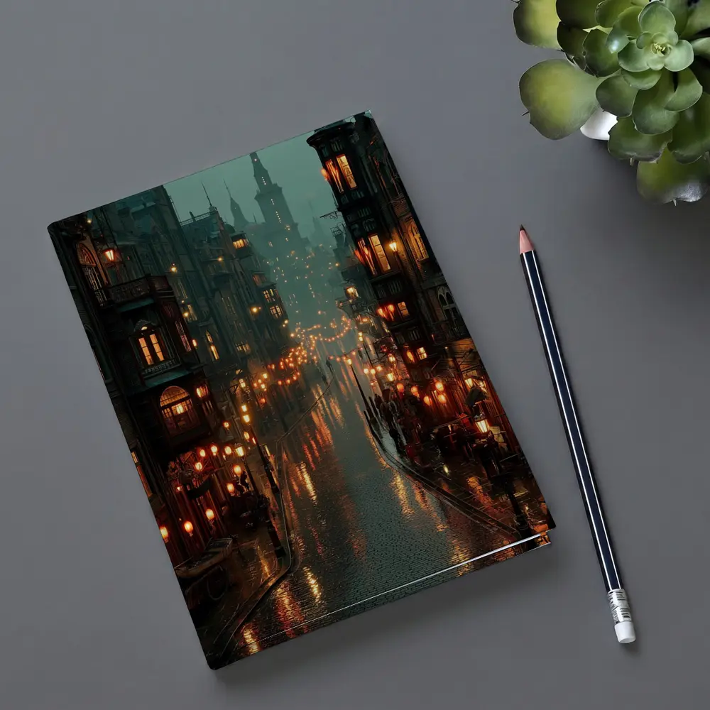 Rainy City Street Glowing Lanterns Night – Notebooks