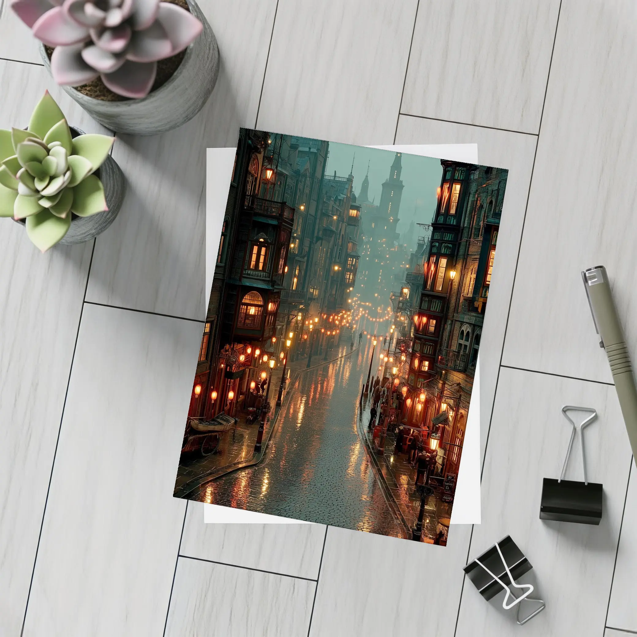 Rainy City Street Glowing Lanterns Night – Postcards