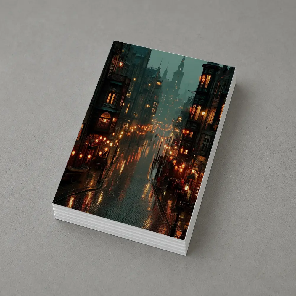 Rainy City Street Glowing Lanterns Night – Postcards