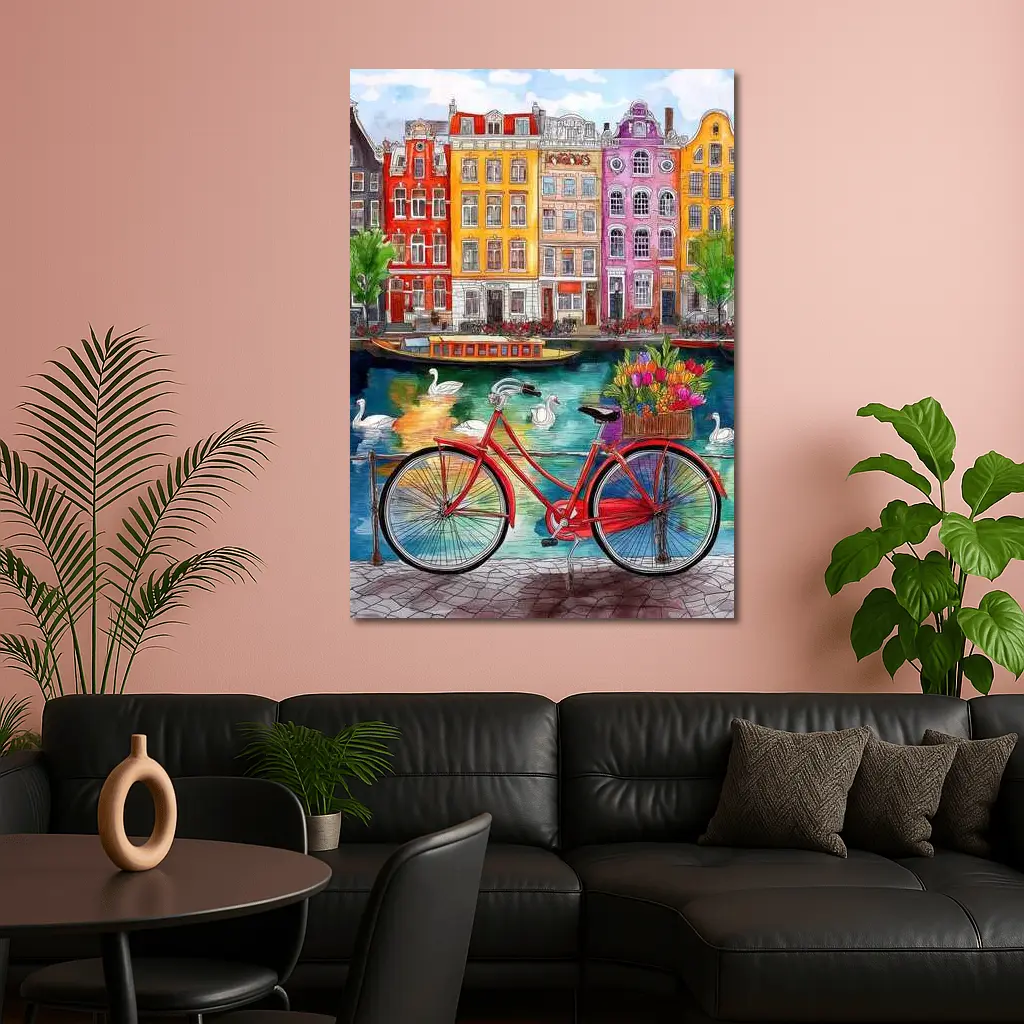 Red Bicycle Amsterdam Canal Colorful Buildings Art – Wall Art