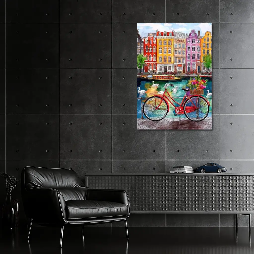 Red Bicycle Amsterdam Canal Colorful Buildings Art – Wall Art