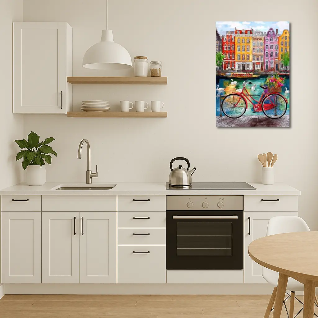 Red Bicycle Amsterdam Canal Colorful Buildings Art – Wall Art