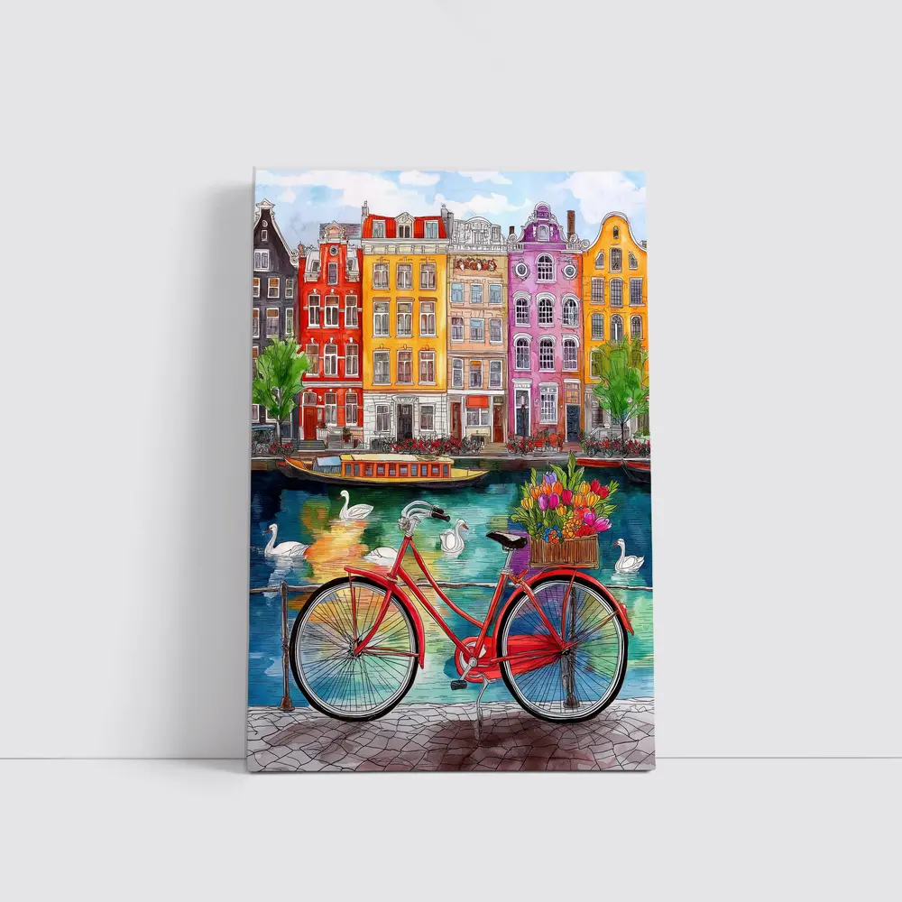 Red Bicycle Amsterdam Canal Colorful Buildings Art – Wall Art