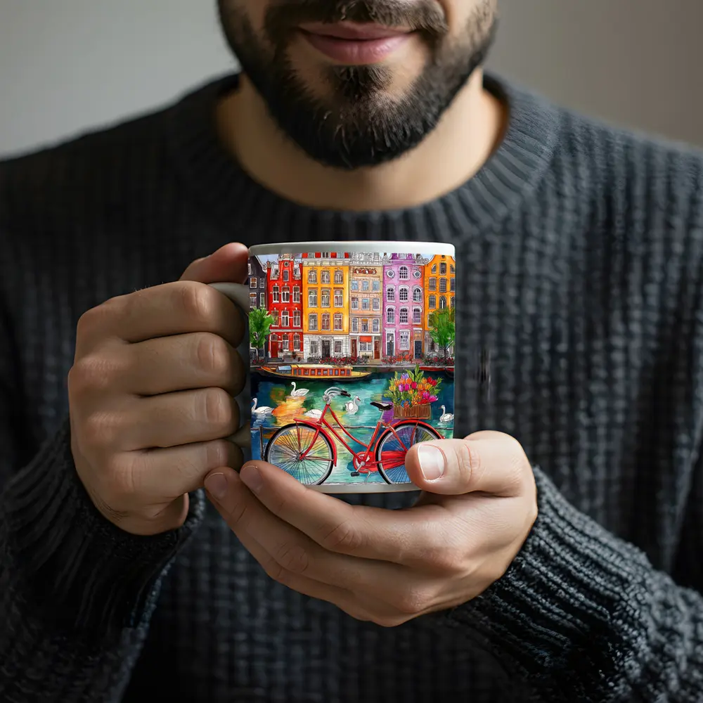 Red Bicycle Amsterdam Canal Colorful Buildings Art – Mugs