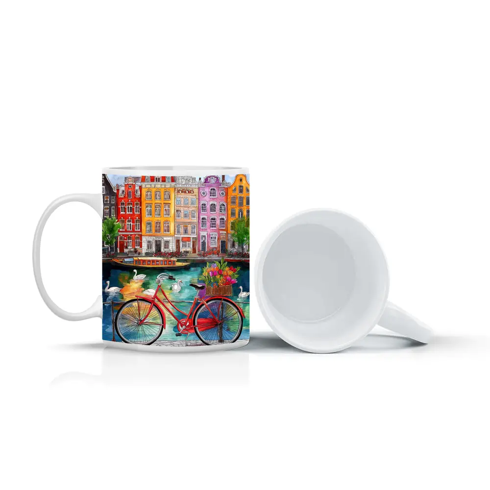 Red Bicycle Amsterdam Canal Colorful Buildings Art – Mugs