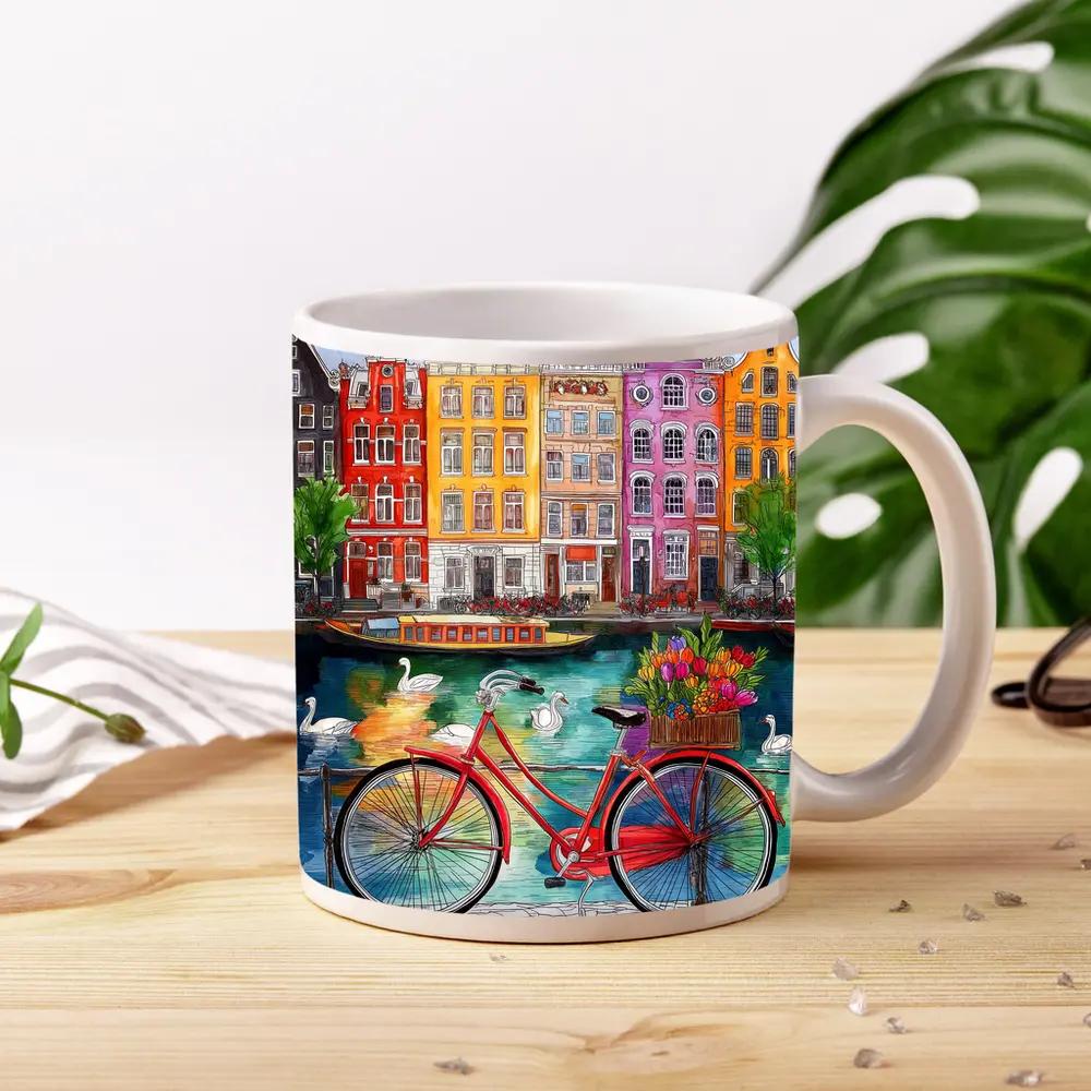 Red Bicycle Amsterdam Canal Colorful Buildings Art – Mugs