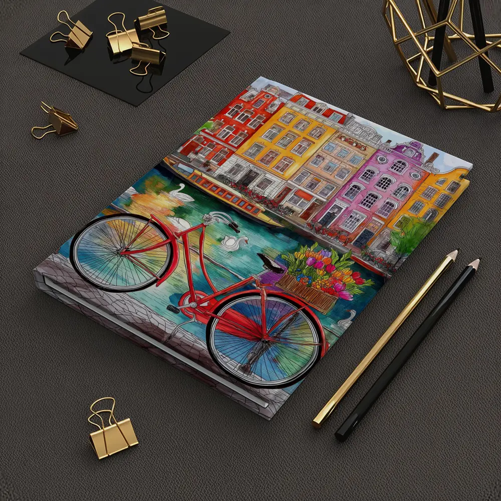 Red Bicycle Amsterdam Canal Colorful Buildings Art – Notebooks