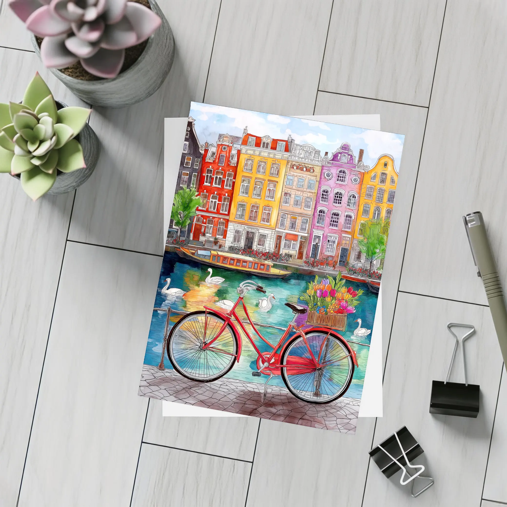 Red Bicycle Amsterdam Canal Colorful Buildings Art – Postcards
