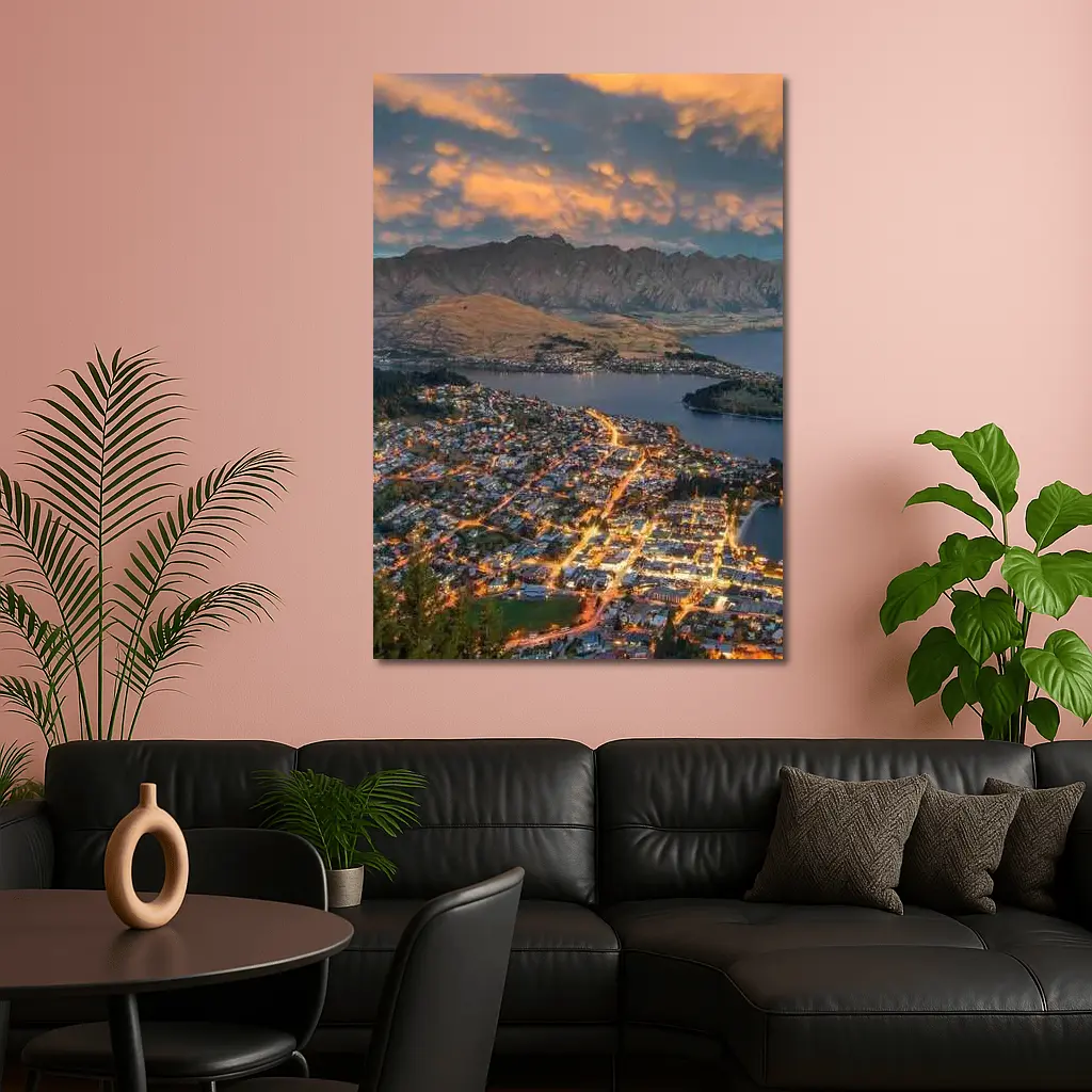Queenstown New Zealand City Lights Sunset – Wall Art