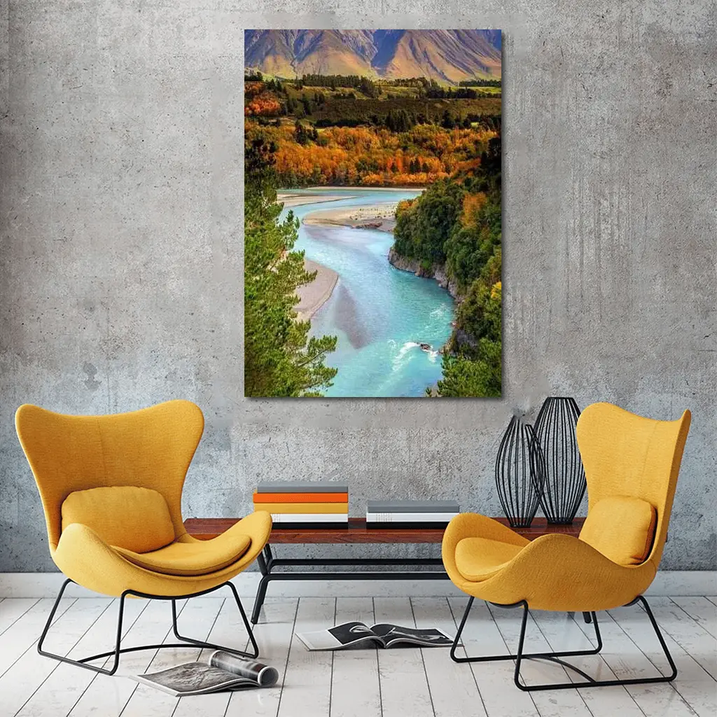 Turquoise River Valley Autumn Mountain Landscape – Wall Art