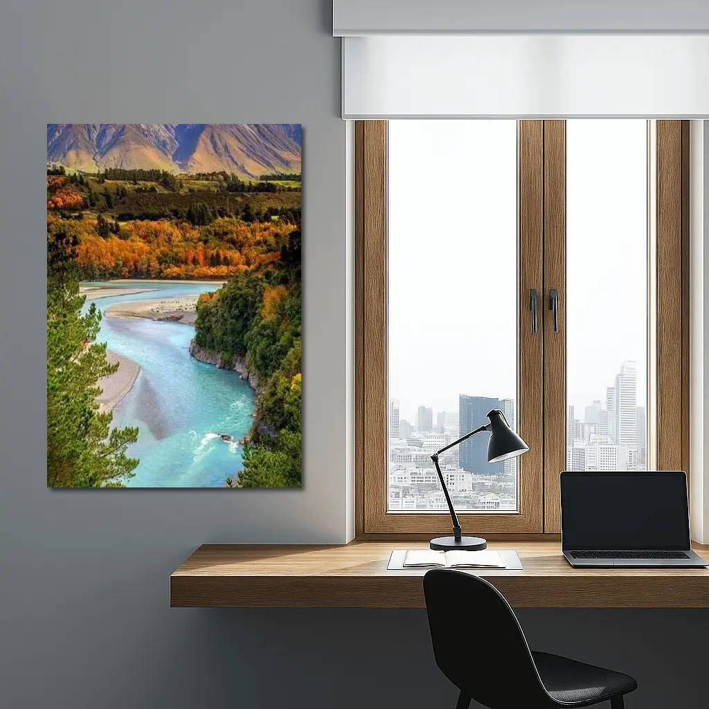 Turquoise River Valley Autumn Mountain Landscape – Wall Art