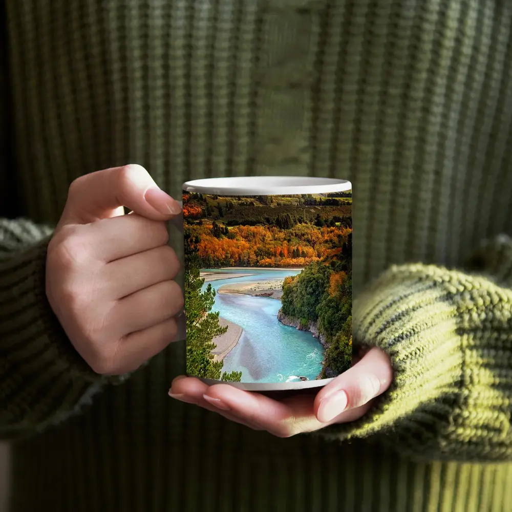 Turquoise River Valley Autumn Mountain Landscape – Mugs