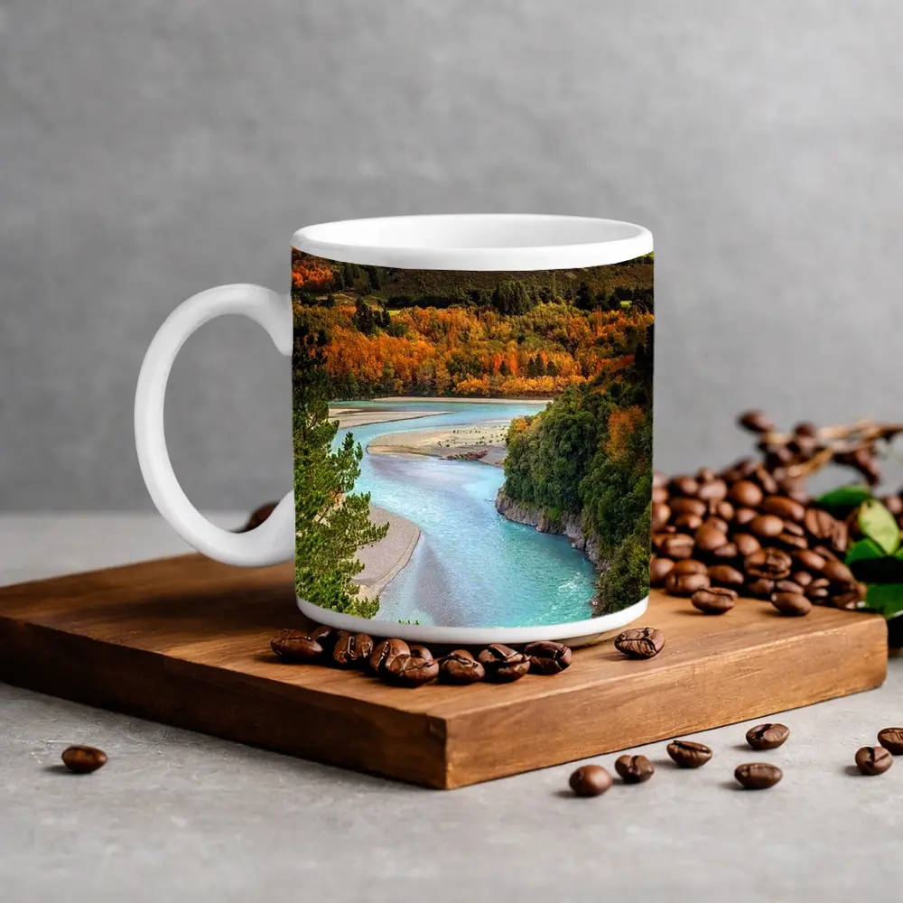 Turquoise River Valley Autumn Mountain Landscape – Mugs