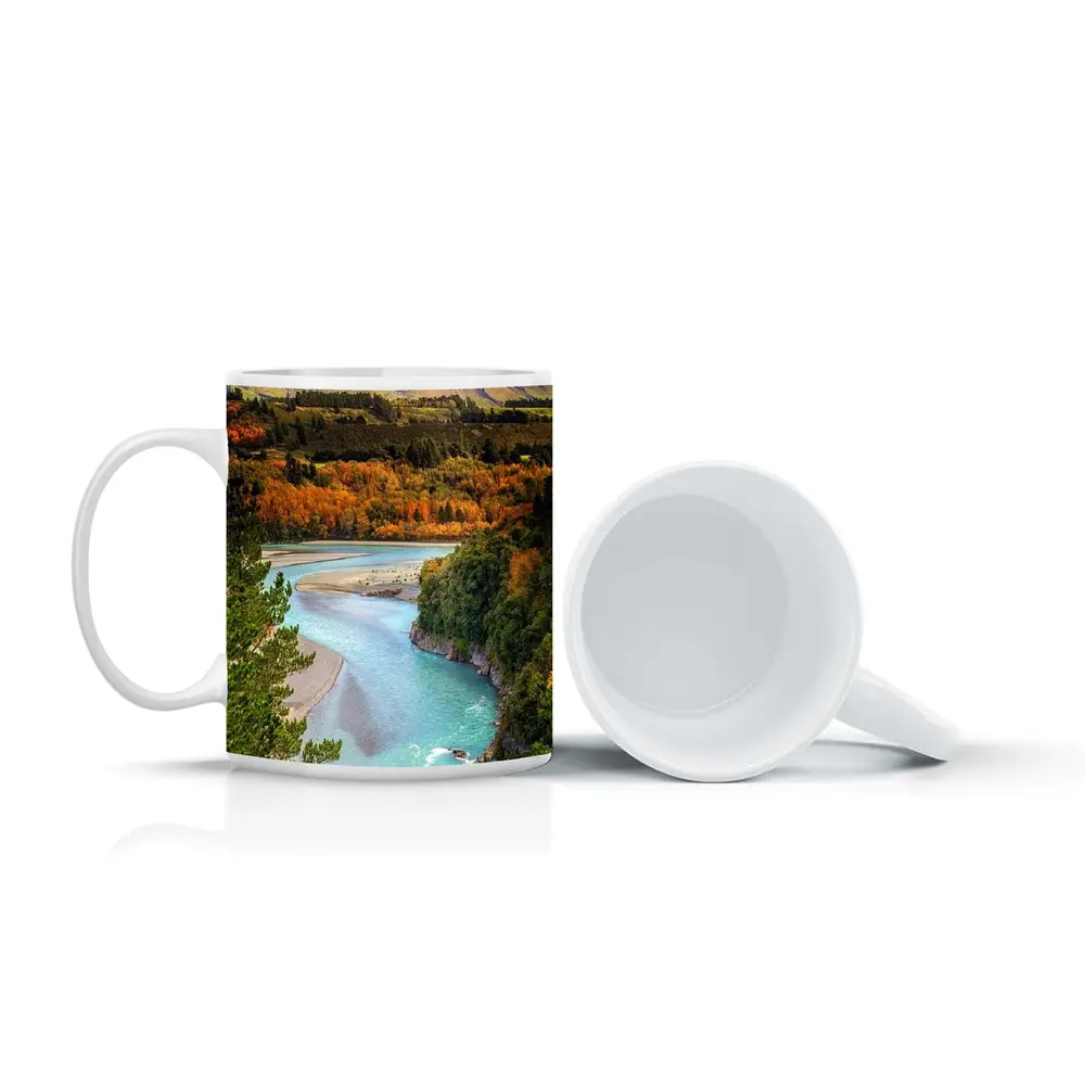 Turquoise River Valley Autumn Mountain Landscape – Mugs