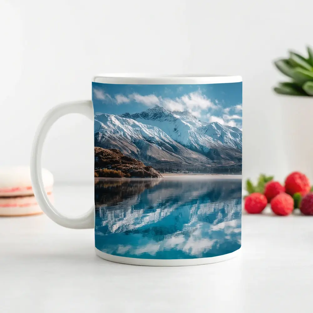 Snow Capped Mountains Reflected In Blue Lake – Mugs