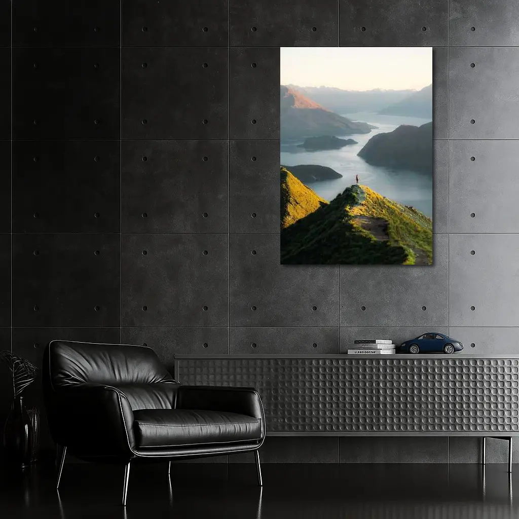 Lone Hiker Overlooking Mountain Lake Landscape – Wall Art