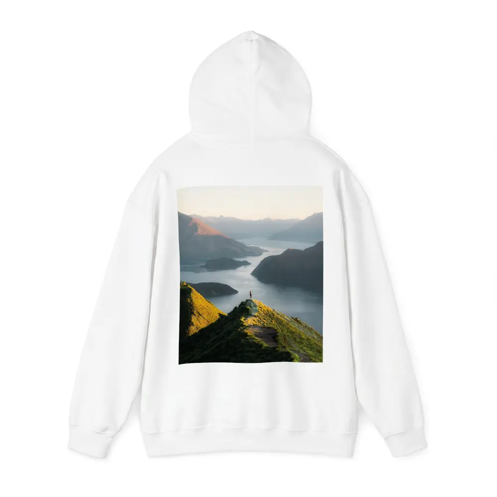 Lone Hiker Overlooking Mountain Lake Landscape – Hoodies
