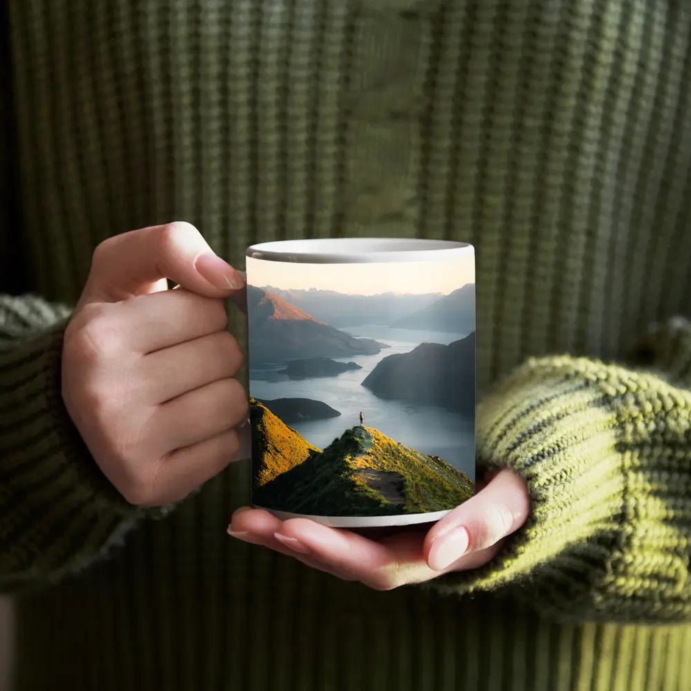 Lone Hiker Overlooking Mountain Lake Landscape – Mugs