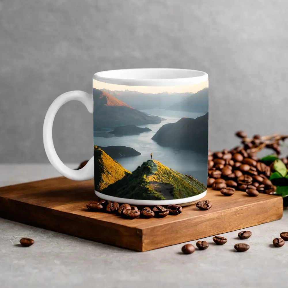 Lone Hiker Overlooking Mountain Lake Landscape – Mugs