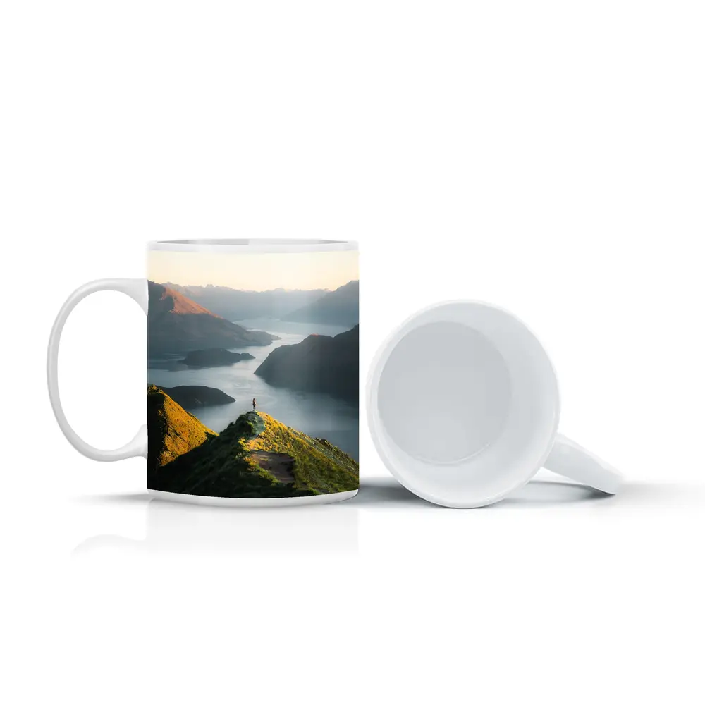 Lone Hiker Overlooking Mountain Lake Landscape – Mugs