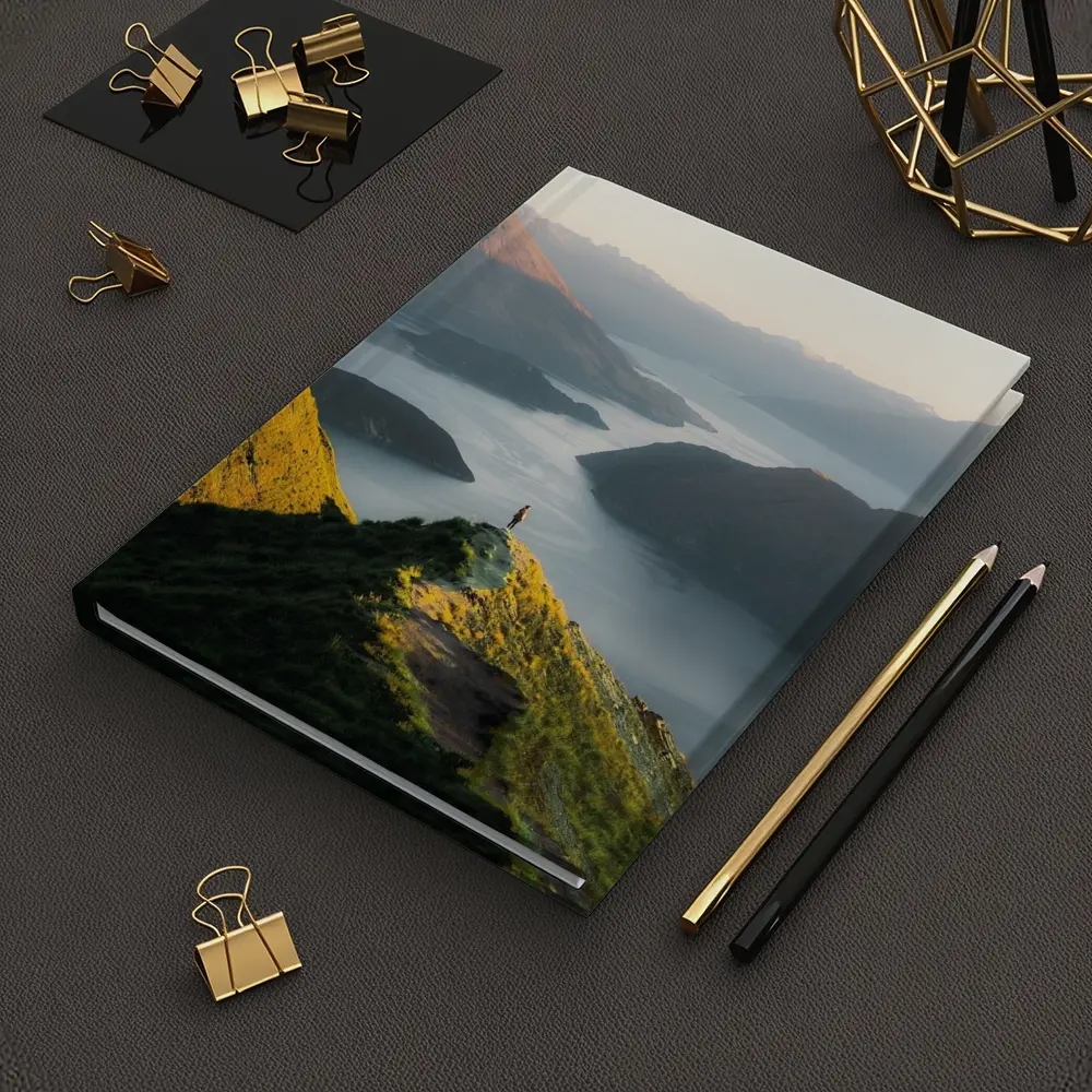Lone Hiker Overlooking Mountain Lake Landscape – Notebooks
